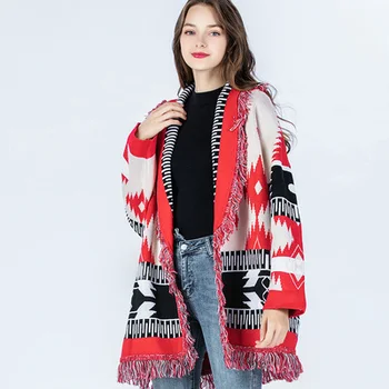 YAMDI skara atvartas spausdinti gėlių bohemijos storas megztinis knittted megztinis rudenį, žiemą cardigan megztinis moterims medvilniniai siuvinėjimo