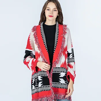 YAMDI skara atvartas spausdinti gėlių bohemijos storas megztinis knittted megztinis rudenį, žiemą cardigan megztinis moterims medvilniniai siuvinėjimo