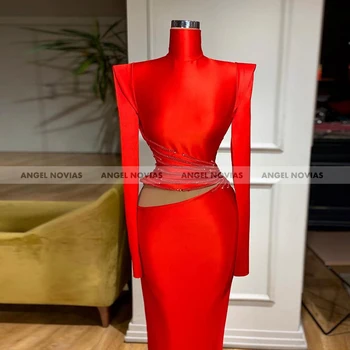 ANGEL NOVIAS Raudona Moterys ilgomis Rankovėmis, Aukštu Kaklu Satino arabų vakarinę Suknelę 2021 su Kristalais Rūbeliai De Soiree Longue