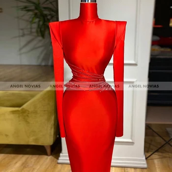 ANGEL NOVIAS Raudona Moterys ilgomis Rankovėmis, Aukštu Kaklu Satino arabų vakarinę Suknelę 2021 su Kristalais Rūbeliai De Soiree Longue