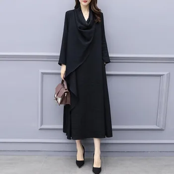 2020 m. pavasarį naujas moterų klasikinis temperamentas prarasti didelio dydžio ilga suknelė moteris juoda plonu skyriuje ilgomis rankovėmis suknelė asmenybė