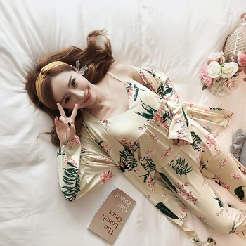 3pcs Marškinėliai+Kelnės+Outwear naktiniai drabužiai Medvilnės Japonijos Sleepwear Moterims Naktiniai Marškiniai Pižamą Spausdinti Rudens Žiemos Pavasario Naktį Suknelė