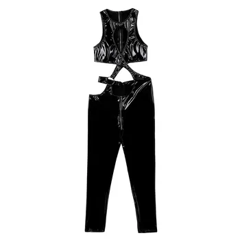 Moteriški Lakinės Odos Skylutę Bodysuit Apvalios Kaklo, Rankovių Bodycon Jumpsuits Tuščiaviduriai Iš Užtrauktukų Catsuit Clubwear