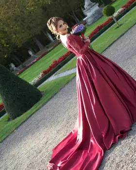 Nauja Raudona Kamuolys Suknelė ilgomis Rankovėmis Vestuvių Suknelės nuo Peties Puošnios Nėrinių Satino Princesė arabų Vestuvinės Suknelės Vien Atgal