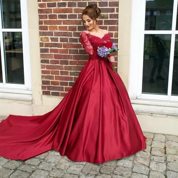 Nauja Raudona Kamuolys Suknelė ilgomis Rankovėmis Vestuvių Suknelės nuo Peties Puošnios Nėrinių Satino Princesė arabų Vestuvinės Suknelės Vien Atgal