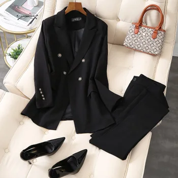 Mados kelnės kostiumas moterų darbo drabužiai Nauji aukštos kokybės juoda Prarasti Dvigubo breasted verslo Švarkas + Elastinga ziajać dviejų dalių Komplektas