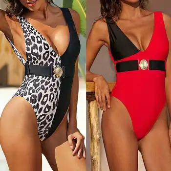 Sexy V Kaklo Leopard Susiuvimo Specialios Metalinės Sagties Siamo Bikini Vientisi Maudymosi Kostiumėlį Moterų Paplūdimio Atostogų Siamo Bikini Komplektas S~L
