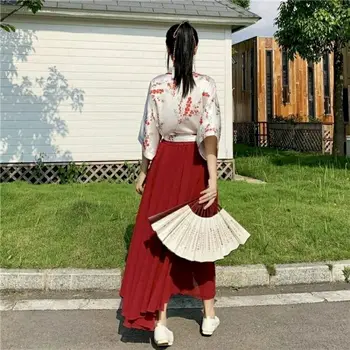 Dviejų dalių rinkinys moterims hanfu pavasario marškinėliai big swing sijonas streetwear raudona spausdinti komplektus Kinų stiliaus atitikimo rinkiniai