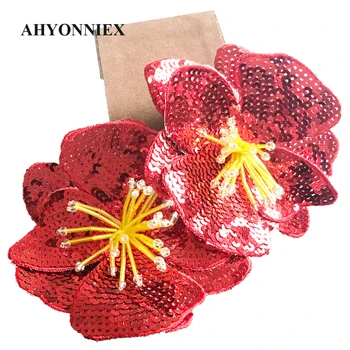 AHYONNIEX Raudona Rožė 3D Siūti Blizgančiais Gėlės Lopo Drabužius 11CM X 11CM 
