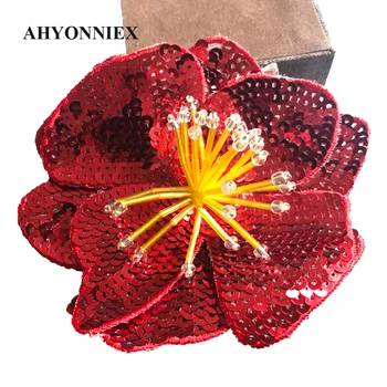 AHYONNIEX Raudona Rožė 3D Siūti Blizgančiais Gėlės Lopo Drabužius 11CM X 11CM 