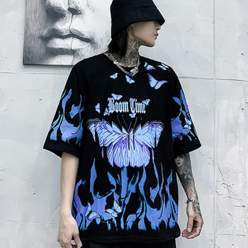 Vyriški hip-hop ' o t-shirt vyrai ins banga prekės vyrų street tendencija mėlyna liepsna drugelis spausdinti pusė rankovėmis T-shirt
