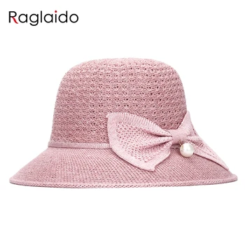 Raglaido vasaros skrybėlės moterų bowknot perlo saulės skrybėlę mados tuščiaviduriai mezgimo fedora skrybėlės, mergaitėms lauko vėjo virvė, skrybėlė