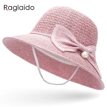 Raglaido vasaros skrybėlės moterų bowknot perlo saulės skrybėlę mados tuščiaviduriai mezgimo fedora skrybėlės, mergaitėms lauko vėjo virvė, skrybėlė