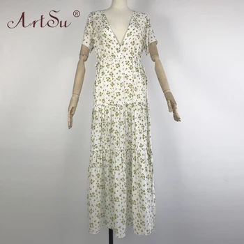 ArtSu Moterų Giliai V Kaklo Seksualus Trumpomis Rankovėmis Vasarą Balta Suknelė-Line Bohemiškas Stilius Gėlių Spausdinti Maxi Suknelė Elegantiškas 2020 Paplūdimys
