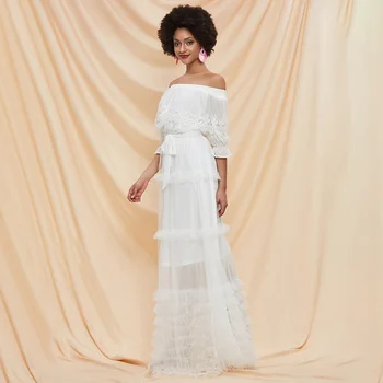 Baltos spalvos šifono suknelė 2020 metų vasaros Velniop Kaklo Plisuotos Aukšto juosmens nėrinių ilgai tortas moteriška Suknelė