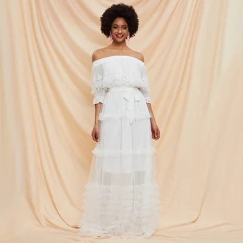 Baltos spalvos šifono suknelė 2020 metų vasaros Velniop Kaklo Plisuotos Aukšto juosmens nėrinių ilgai tortas moteriška Suknelė