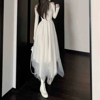 Gotikos Asimetrinė Tinklelio Suknelė Moterims Korėjos Japonija 2020 M. Rudenį Prašmatnus Off Peties Seksualus Prancūzijos Derliaus Atsitiktinis Suknelės Vestido Panele