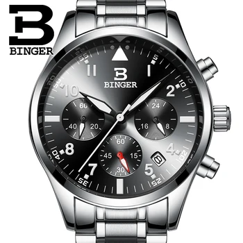 BINGER Sporto Chronograph Vyrų Rankiniai Laikrodžiai Juodo Plieno Watchband Viršuje Prabangos Prekės ženklo Vyrai Pilotai Kvarcinis Laikrodis, Juoda Laikrodis