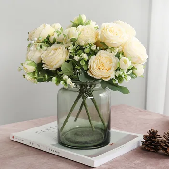 Vestuvių Rankiniai Dirbtinių Gėlių Rožių Puokštė Kambarį Namų Puošybai Modelis 5 Galvos Persian Rose