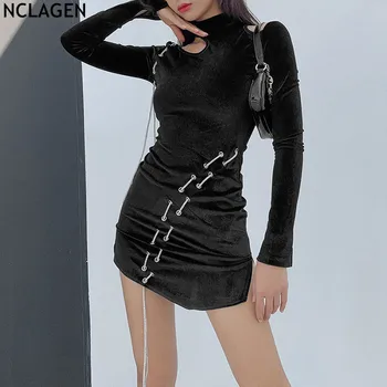 NCLAGEN Raišteliu Asimetrija Tuščiaviduriai Iš ilgomis Rankovėmis Sėdmenų Suknelė Gothic Black Pusės Split Fitneso Punk Grunge Moterų Vestidos