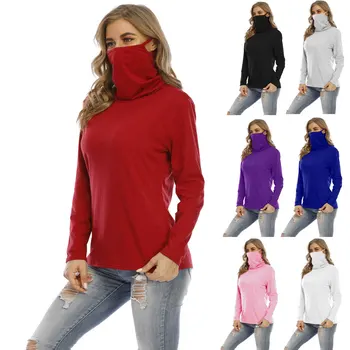 Moterų Rudenį Golfo marškinėliai 2020 Atsitiktinis Palaidų Aukšta Apykakle Palaidinė Kietas Kaukę nuo Dulkių Viršuje Vėjo Lauko Aktyvių T-Shirt