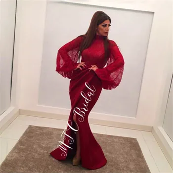Elegantiškas Ilgomis Rankovėmis Arabų Vakarinę Suknelę Aukštu Kaklu Pusėje Ritininės Undinė Nėrinių Prom Chalatai 2019 Karšto Pardavimo Moterų Suknelės, Šaliai