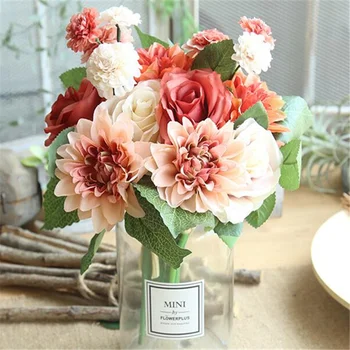 10 galvą / 1PCS dirbtinis dahlia rožių rudenį ryškus false lapų hibiscus vestuvių nuotakos tiara puokštė