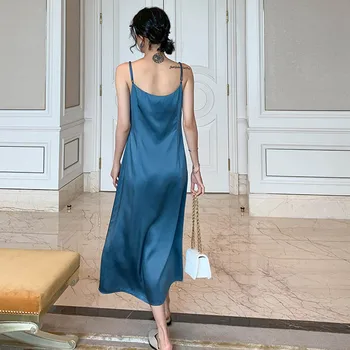 2020 Metų Vasaros Naujus Satino Suknelė Moterims Prancūzijos Burnish Mano Šilkiniai Seksualus Camisole Suknelė Femme Ilgai Užimantys V-Kaklo, Rankovių Sundress