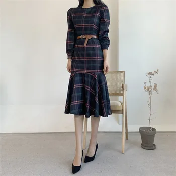 V-kaklo elegantiškos retro pledas su diržo slim suknelė elegantiškas mados termperament streetwear elegantiškos retro tinka ir blyksnius suknelė 2021 naujas