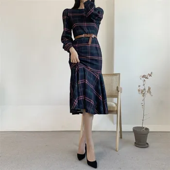 V-kaklo elegantiškos retro pledas su diržo slim suknelė elegantiškas mados termperament streetwear elegantiškos retro tinka ir blyksnius suknelė 2021 naujas