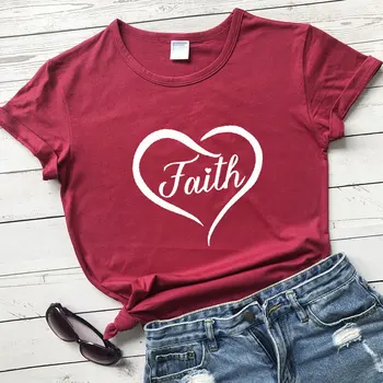 Medvilnės Tikėjimo Širdis T-shirt Mielos Moterys Grafinis Krikščionių Top Marškinėliai, Religinių Vasaros trumpomis Rankovėmis Jėzaus Velykų Marškinėlius