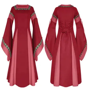 Sprogimo modeliai moterų aikštėje apykakle ilgomis rankovėmis trimitas rankovėmis ilga suknelė viduramžių kostiumas