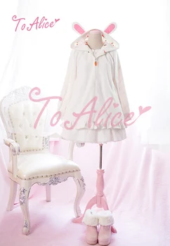 Super Cute Little White Rabbit & Morkų Pamušalas Moterų Žiemos Plona Striukė ilgomis Rankovėmis Triušiuko Ausų Kepurę Lolita Outwear
