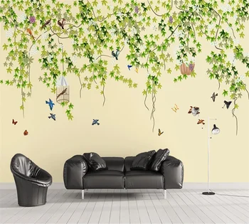 Custom 3D tapetai, freskos paprasta vynmedžių gėlės ir paukščiai fono sienos