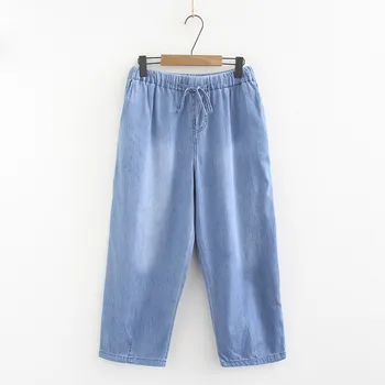Negabaritinių moterų vasaros džinsus aukšto juosmens plono džinsinio audinio kelnės elastingos juosmens, palaidi atsitiktinis kelnės moterų plius dydžio tiesių džinsų G970
