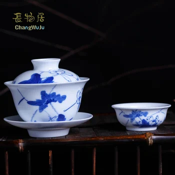 Changwuju į Jingdezhen Porceliano Arbatos rinkinys rankų darbo mėlynos ir baltos Kung-Fu, Kinų arbatos puodelio ware rankomis tapytos Jinhongxia