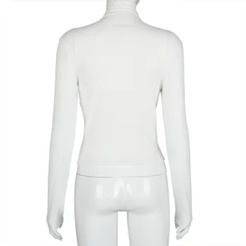 Grandinės Kaklaraištis Priekyje Long Sleeve T Marškinėliai Balti Moterų Liesas Atsitiktinis Viršūnes Vientisos Spalvos, Tuščiavidurė Iš Mados Bodycon Juoktis Kaklo Tees
