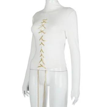 Grandinės Kaklaraištis Priekyje Long Sleeve T Marškinėliai Balti Moterų Liesas Atsitiktinis Viršūnes Vientisos Spalvos, Tuščiavidurė Iš Mados Bodycon Juoktis Kaklo Tees