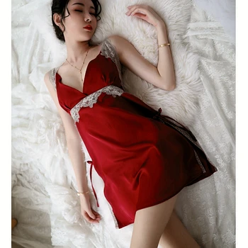 Nėriniai Moterų Sleepwear Šilko apatinio Trikotažo Suknelė Gilia V apatinis Trikotažas Naktį Dress Satino Homewear Naktį Suknelė Vintage Karšto Seksualus Erotiniai kratinys