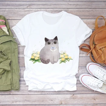 Moterų Animacinių filmų Katės Gėlių Gėlių Meilė Kawaii 90s Gyvūnų Mados Spausdinti Lady T-shirts Top Moteriški Laisvalaikio Marškinėliai O-neck Tee Marškinėliai