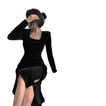 2021 m. Rudenį Naujų Nomikuma Senovinių Kvadratinių Apykaklės Veliūras Moterų Suknelė Lankas Tvarstis Hollow-out Suknelės Slim Padalinta Vestido Femme