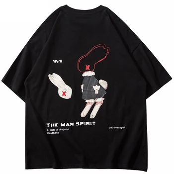 2021 M. Vasarą Vyrams Hip-Hop Trumpas Rankovės Marškinėliai Animacinių Filmų Triušis Spausdinti Marškinėlius Streetwear Harajuku T-Shirt Medvilnės Atsitiktinis Viršūnes Tees