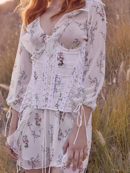 Lillie Korsetas Mini Suknelė Nėrinių Juosta Moterims Gėlių Spausdinti Raukiniai Elegantiškos Suknelės 2020 Metų Vasaros Derliaus Boho Hipių Šalies Trumpą Suknelę