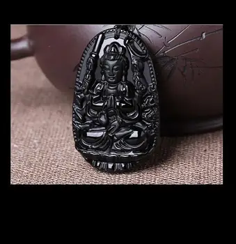 Wang671003++ Kinijos Natūralus Juodas Obsidianas, Išraižytas GuanYin Buda Pasisekė, Pakabučiai, Karoliai
