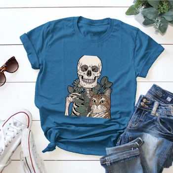 Hip-Hop Street Femme Nerdy Skeletas Apkabinimai Kačiukas Marškinėlius Camiseta Kaukolė Ir Kačių Spalvotų T-shirt Kasdien Kietas Viršelis Gražus Viršų