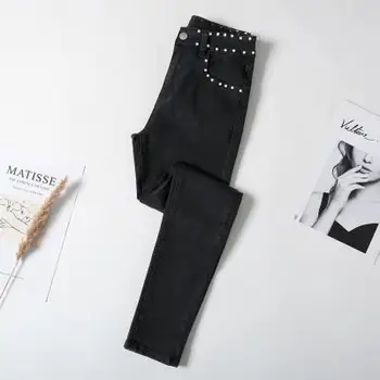 Yedinas Black Jeans Femme Atsitiktinis Pearl Džinsai Moterims Aukšto Juosmens Ruožas Liesas Džinsinis Pieštuko Džinsai Moterims Slim Korėjos Mados