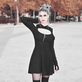 Moterų Mados 2020 Gotikos Stiliaus Grynos Spalvos su Gobtuvu Žemų dažnių Šalto Pečių Zippe Mini Suknelė Akių Kratinys Mini Suknelės Karšto