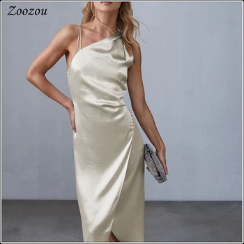 2020 Elegantiškas Vakare Šalies Šilkiniai Suknelė Vasaros Paplūdimio Rankovių Wrap Dress Midi Backless Satino Spageti Dirželis Suknelė Naują Užsakymą