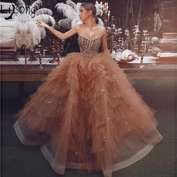 Nuostabi Zawalcowany Šampano Kamuolys Suknelė Prom Dresses 2019 Unikalus Skirtingų Tiulio Perlai Širdies arabų vakarinę Suknelę Suknelė Vestidos de gala