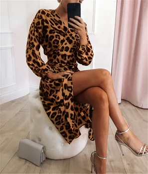2019 Moterų Sexy, Leopardas Midi Suknelė Šifono Prarasti Suknelės ilgomis Rankovėmis V-kaklo, Šalies Paplūdimys Suknelė Vestidos de fiesta Plius Dydis XXL
